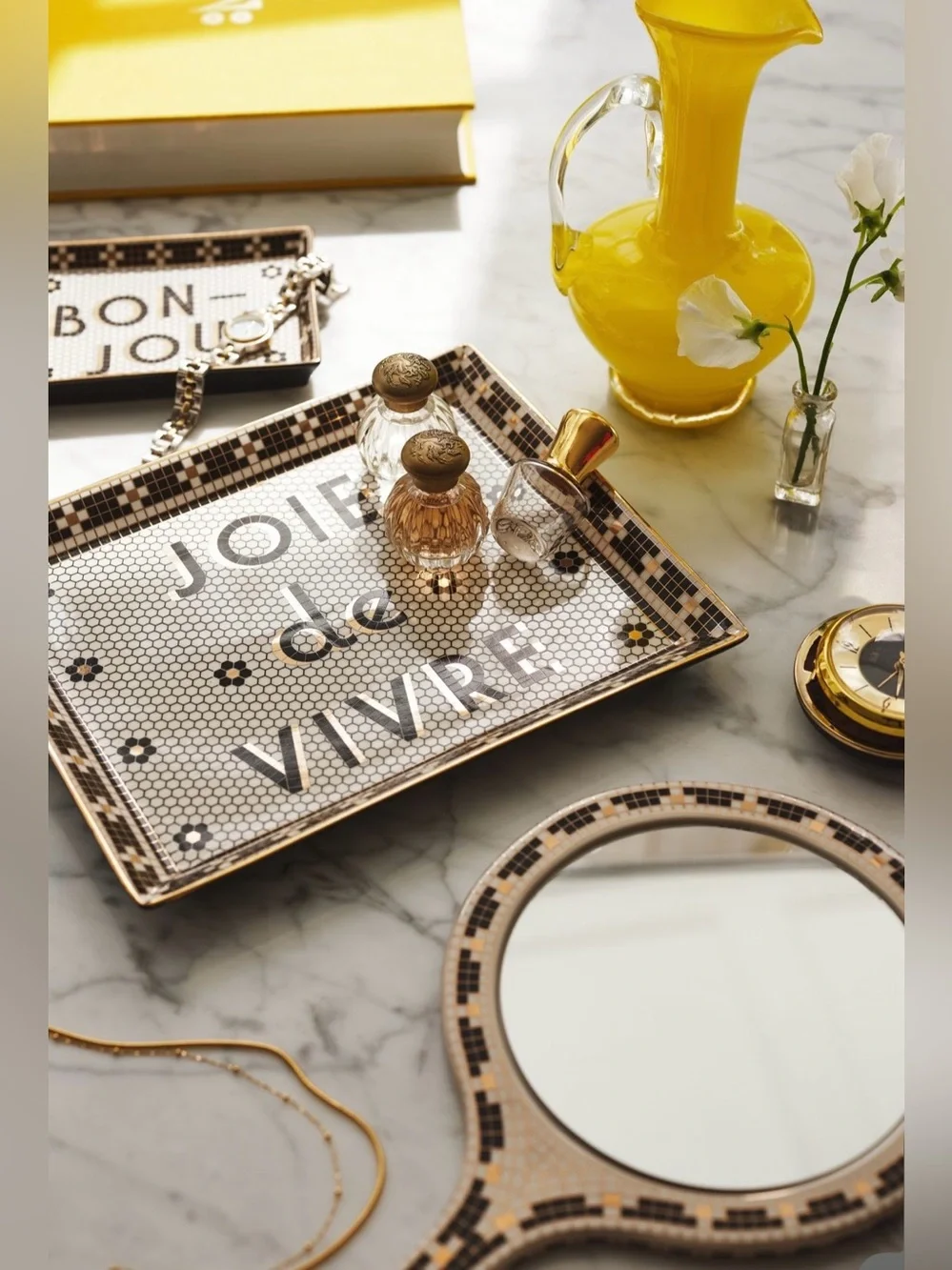 Anthropologie Bistro Tile Stoneware 24k Gold Accent Tray, JOIE de VIVRE